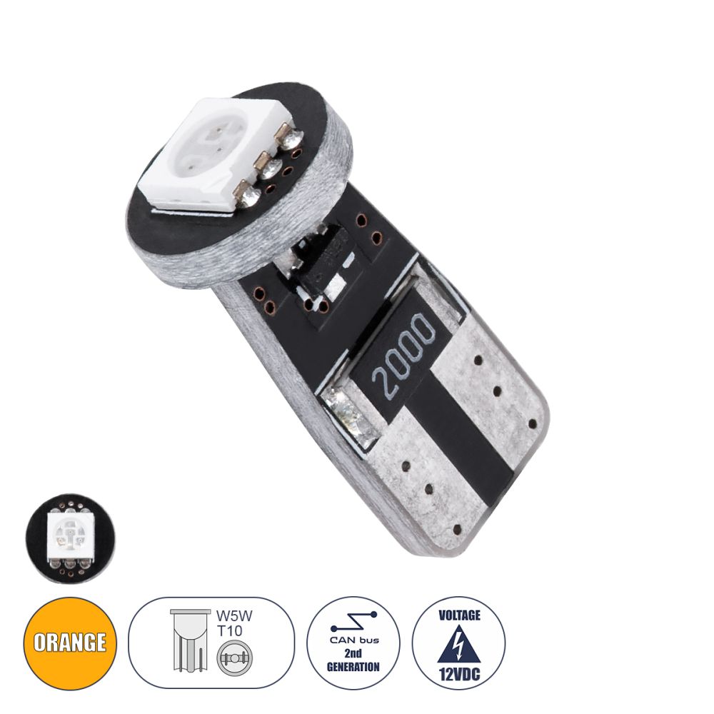 GloboStar® T10 W5W 95650 Λάμπα Αυτοκίνητου LED  2rd Generation Can-Bus Series 1xSMD5050 1.5W 120lm 120° DC 12V IP20 Φ1 x H2.2cm Πορτοκαλί