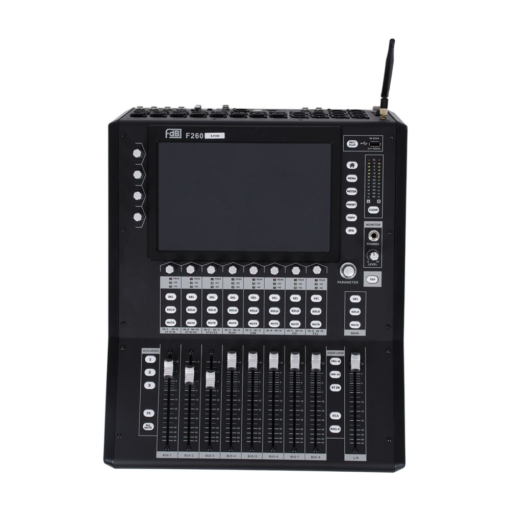 GloboStar® FDB F260 98023 Multifunctional Digital Mixer Audio Console 24Ch - Επαγγελματική Ψηφιακή Κονσόλα Ήχου 16Ch Audio In / 8Ch Audio Out / 8Ch BUS Out - Οθόνη Αφής 10" HD - Wifi Smart System - UDP - AC 220V/50-60Hz - IP20 - Μαύρο - Μ38 x Π49 x Υ