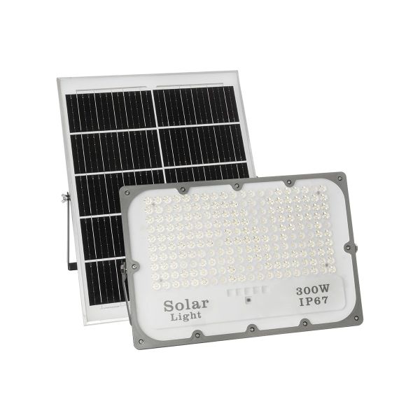GLOBOSTAR® LUMOVOX 73069 Προβολέας LED 300W 15000lm 120° DC 5V με Φωτοβολταϊκό Panel 5V 20W & Επαναφορτιζόμενη Μπαταρία Li-ion 3.2V 15000mAh Αδιάβροχο IP67 Ψυχρό Λευκό 6000K - 360 x SMD2835 Sanan Chip - Γκρι Ανθρακί - Μ37 x Π7.5 x Υ27cm - 2 Χρόνια Εγγ
