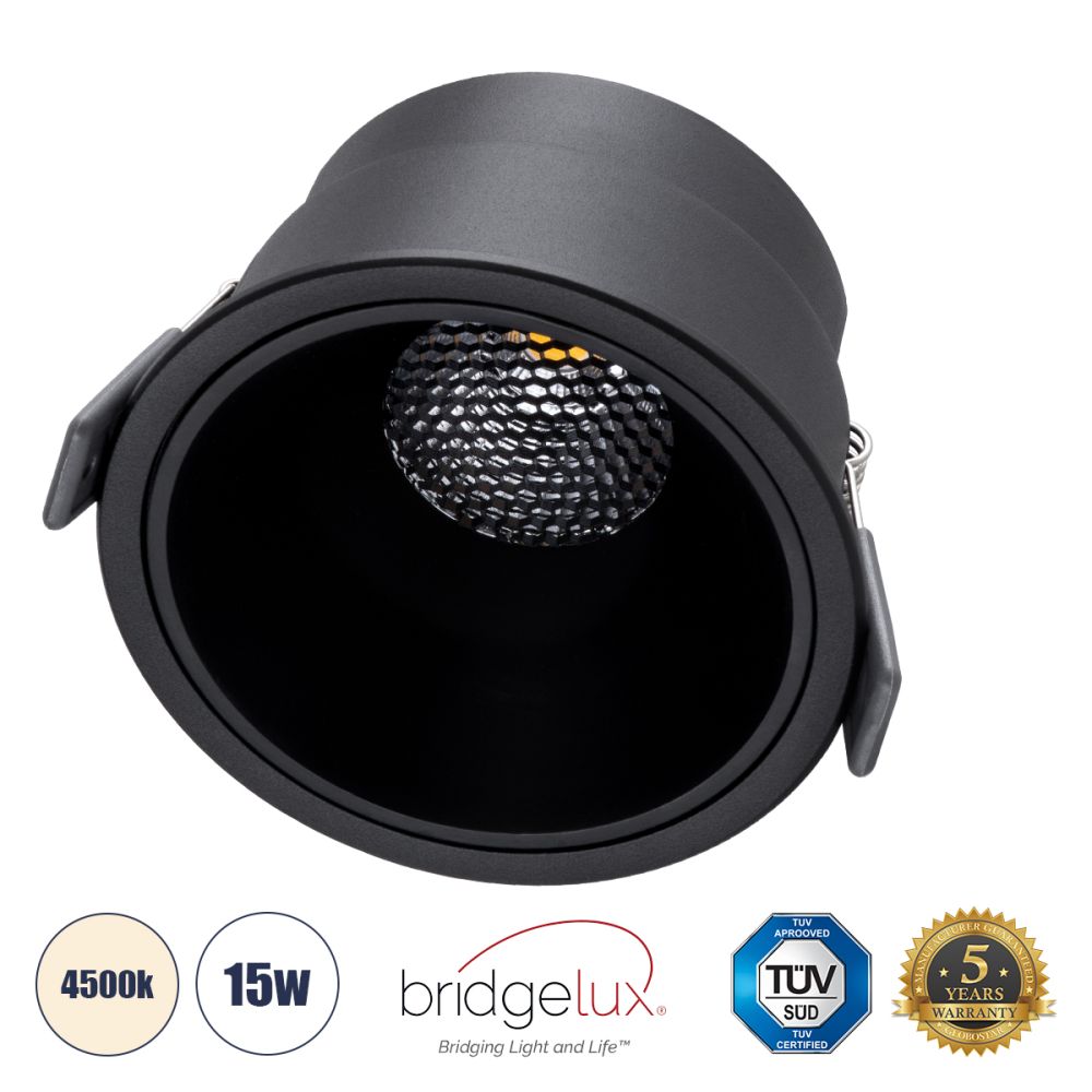 GLOBOSTAR® PLUTO-B 60262 Χωνευτό Downlight Σποτ με Honeycomb Anti Glare Reflector LED 15W 1950lm 38° AC 220-240V IP20 Φυσικό Λευκό 4500K - Bridgelux COB Chip & TÜV SÜD Driver - Μαύρο Ματ - Μ10.4 x Π10.4 x Υ6.5cm / Q9.5cm - 5 Χρόνια Εγγύηση