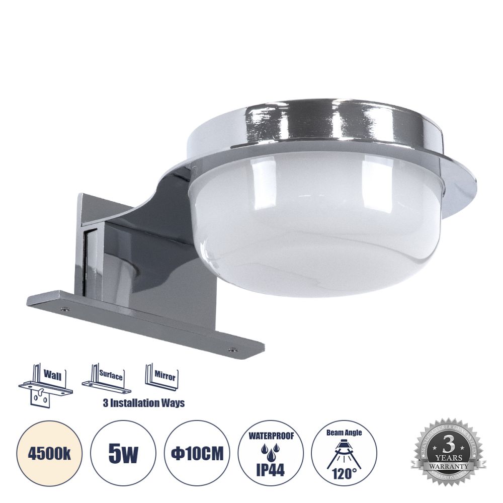 GLOBOSTAR® KIARA 60402 Μοντέρνο Φωτιστικό Τοίχου - Απλίκα Καθρέπτη Μπάνιου LED 5W 560lm 120° AC 220-240V IP44 Φυσικό Λευκό 4500K - Lumileds SMD Chip & TÜV SÜD Driver - Νίκελ Χρώμιο & Λευκό - Μ10 x Π13 x Υ3cm - 3 Χρόνια Εγγύηση
