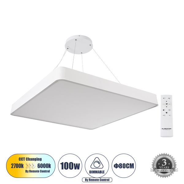 GLOBOSTAR® KAMALA 61211-P Μοντέρνο Κρεμαστό Φωτιστικό Οροφής LED 100W 11020lm 120° AC 220-240V IP20 Ρυθμιζόμενο Λευκό CCT με Χειριστήριο από 2700K έως 6000K Dimmable - Lumileds SMD Chip - Λευκό - Μ80 x Π80 x Υ8cm - 3 Χρόνια Εγγύηση