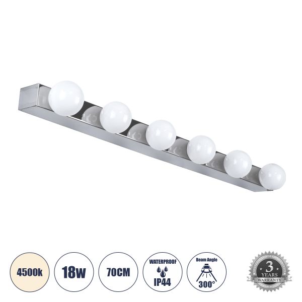 GLOBOSTAR® BELLA 60453 Μοντέρνο Φωτιστικό Τοίχου - Απλίκα Καθρέπτη Μπάνιου LED 18W 2052lm 300° AC 220-240V IP44 Φυσικό Λευκό 4500K - Bridgelux COB Chip & TÜV SÜD Driver - Ασημί & Λευκό - Μ70 x Π11 x Υ6cm - 3 Χρόνια Εγγύηση