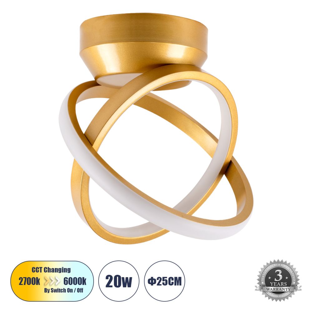 GLOBOSTAR® AMELIA 61054 Μοντέρνο Φωτιστικό Οροφής LED 20W 2400lm 300° AC 220-240V IP20 Ρυθμιζόμενο Λευκό CCT με On/Off 2700K/4500K/6000K - Lumileds SMD Chip - Χρυσό Βούρτσας - Μ24.5 x Π16 x Υ25cm - 3 Χρόνια Εγγύηση