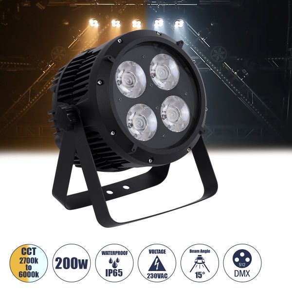 GloboStar® 51119 TYPHON Επαγγελματική Κεφαλή PAR DMX512 200W AC 220V-240V - SPOT - 15° OSRAM LED Αδιάβροχη IP65 - CCT Θερμό Λευκό 2700K - Φυσικό Λευκό 4500K - Ψυχρό Λευκό 6000K - Μαύρο - L23.2 x W22 x H33cm