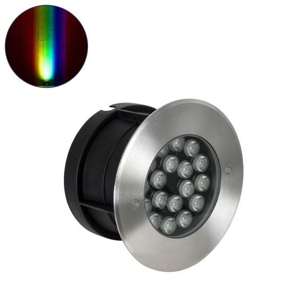 GloboStar® UNDERGROUND-SINA 90573 Χωνευτό Φωτιστικό Σποτ Δαπέδου LED 18W 1530lm 15° DC 24V Αδιάβροχο IP68 Φ20 x Υ11cm RGBW DMX512 - Ανοξείδωτο Ατσάλι - 3 Χρόνια Εγγύηση