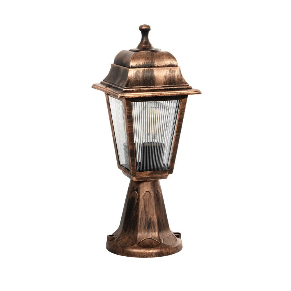 GloboStar® SOLME 203-0215 Vintage Επιδαπέδιο Φωτιστικό Φαναράκι Μονόφωτο 1 x E27 IP44 Χάλκινο & Διάφανο Πλαστικό - Μ22 x Π22 x Υ40cm