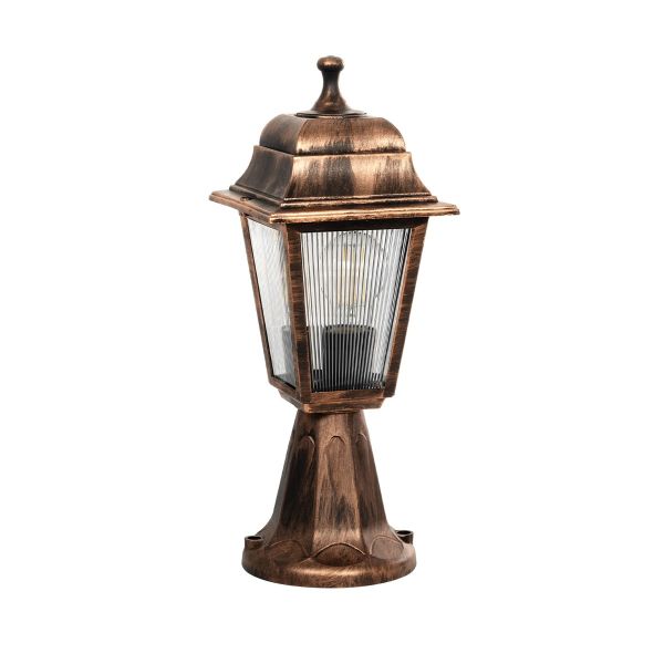 GloboStar® SOLME 203-0215 Vintage Επιδαπέδιο Φωτιστικό Φαναράκι Μονόφωτο 1 x E27 IP44 Χάλκινο & Διάφανο Πλαστικό - Μ22 x Π22 x Υ40cm