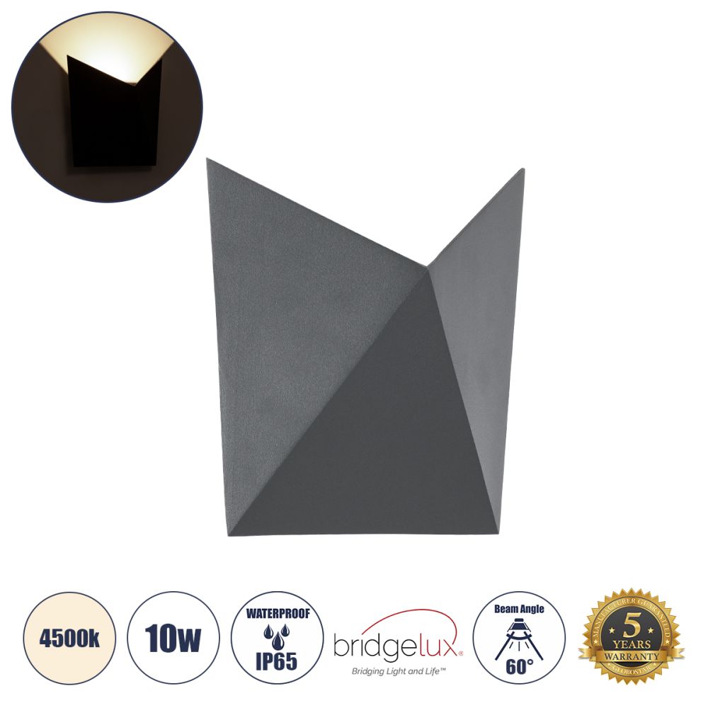 GLOBOSTAR® STEALTH 60522 Μοντέρνο Φωτιστικό Τοίχου - Απλίκα LED 10W 1100lm 60° AC 220-240V Αδιάβροχο IP65 Φυσικό Λευκό 4500K - Bridgelux COB Chip & TÜV SÜD Driver - Γκρι Ανθρακί Ματ - Μ17 x Π7.5 x Υ17cm - 5 Χρόνια Εγγύηση