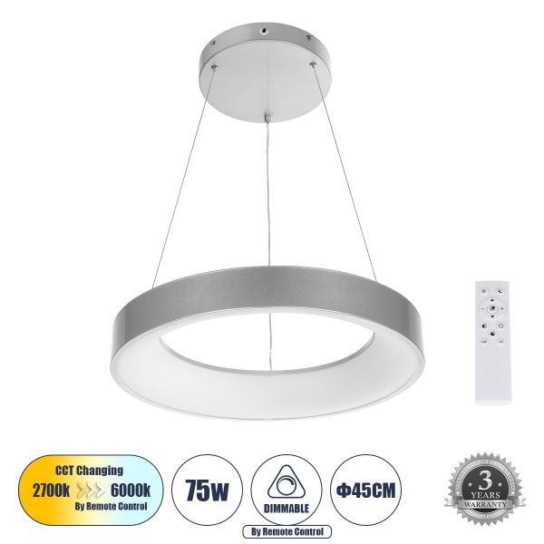 GLOBOSTAR® SALEM 61242 Μοντέρνο Κρεμαστό Φωτιστικό Οροφής LED 75W 8625lm 120° AC 220-240V IP20 Ρυθμιζόμενο Λευκό CCT με Χειριστήριο από 2700K έως 6000K Dimmable - Lumileds SMD Chip - Γκρι - Μ45 x Π45 x Υ6cm - 3 Χρόνια Εγγύηση