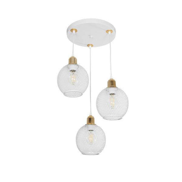 GloboStar® VIVIDUS 201-0021 Vintage Κρεμαστό Φωτιστικό Πλέγμα Τρίφωτο 3 x E27 IP20 Λευκό & Χρυσό Μέταλλο - Μ40 x Π40 x Υ60cm