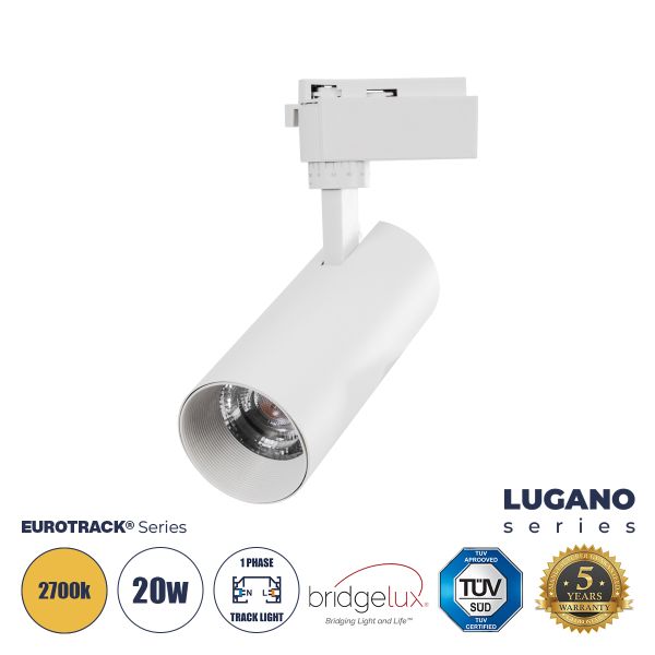 GLOBOSTAR® LUGANO 60808 Μονοφασικό Σποτ Ράγας LED 20W 2400lm 36° AC 220-240V IP20 Θερμό Λευκό 2700K - Bridgelux COB Chip & TÜV SÜD Driver - Eurotrack 1PH - Λευκό Ματ - Μ6.5 x Π6.5 x Υ22cm - 5 Χρόνια Εγγύηση