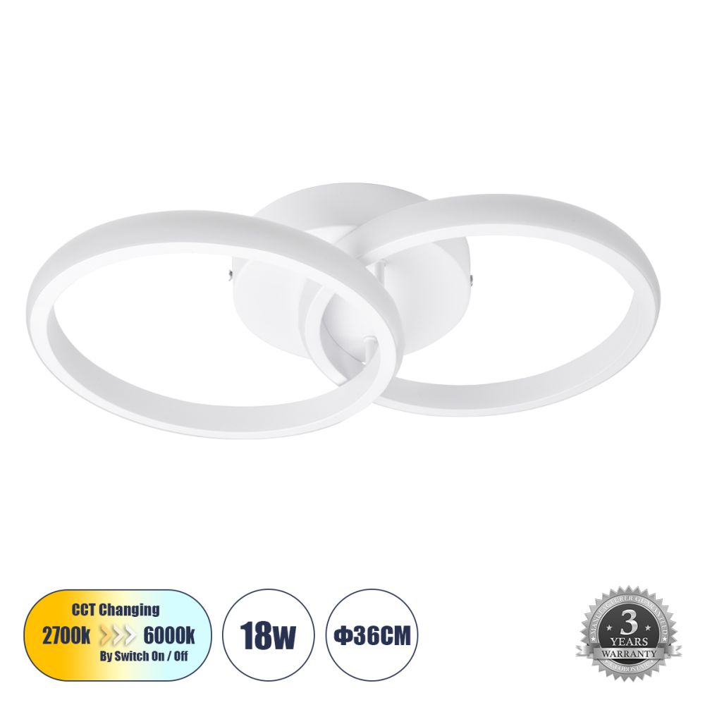 GLOBOSTAR® CORA 61059 Μοντέρνο Φωτιστικό Οροφής LED 18W 2160lm 300° AC 220-240V IP20 Ρυθμιζόμενο Λευκό CCT με On/Off 2700K/4500K/6000K - Lumileds SMD Chip - Λευκό Ματ - Μ36 x Π20.5 x Υ7cm - 3 Χρόνια Εγγύηση