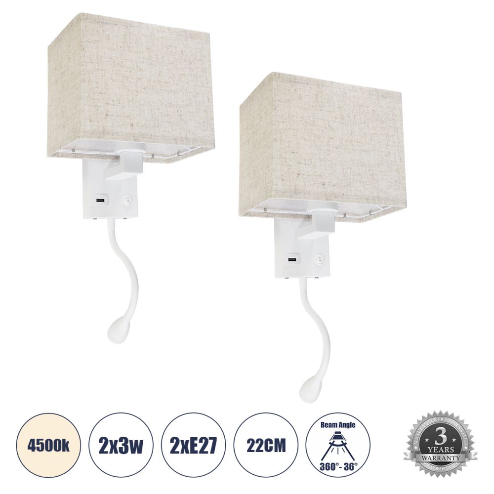 GLOBOSTAR® ROULETTE-S 61383 Μοντέρνο Φωτιστικό Τοίχου - Απλίκα Ξενοδοχείου Reading Light με Φορτιστή USB 3A & Ντουί 1 x E27 LED 3W 360lm 36° & 360° AC 220-240V IP20 Φυσικό Λευκό 4500K - Bridgelux COB Chip & TÜV SÜD Driver - Λευκό & Μπεζ - 