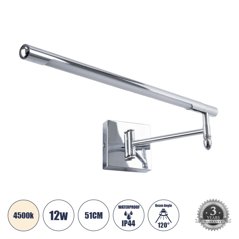 GLOBOSTAR® FRIDA 60458 Μοντέρνο Φωτιστικό Τοίχου - Απλίκα Καθρέπτη Μπάνιου LED 12W 1400lm 120° AC 220-240V IP44 Φυσικό Λευκό 4500K - Lumileds SMD Chip & TÜV SÜD Driver - Νίκελ Χρώμιο - Μ51 x Π25 x Υ10cm - 3 Χρόνια Εγγύηση