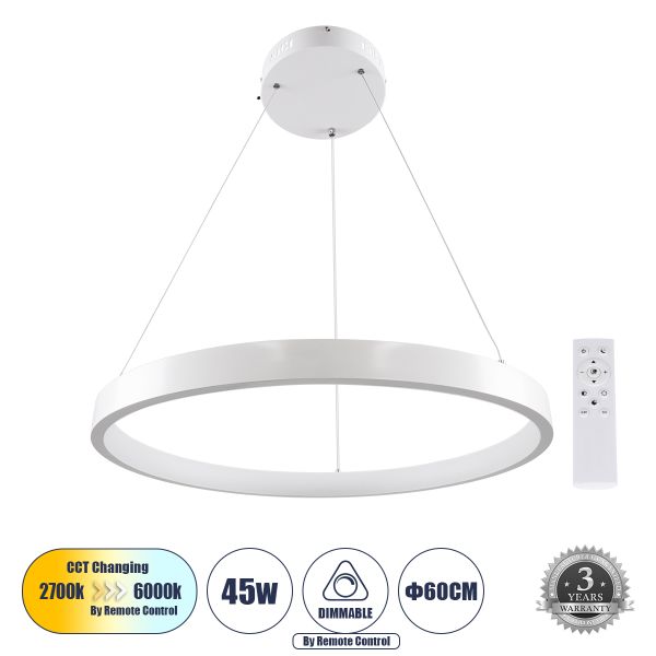 GLOBOSTAR® NEMESIS 61159 Μοντέρνο Κρεμαστό Φωτιστικό Οροφής LED 45W 5230lm 360° AC 220-240V IP20 Ρυθμιζόμενο Λευκό CCT με Χειριστήριο από 2700K έως 6000K Dimmable - Lumileds SMD Chip - Λευκό - Μ60 x Π60 x Υ4cm - 3 Χρόνια Εγγύηση