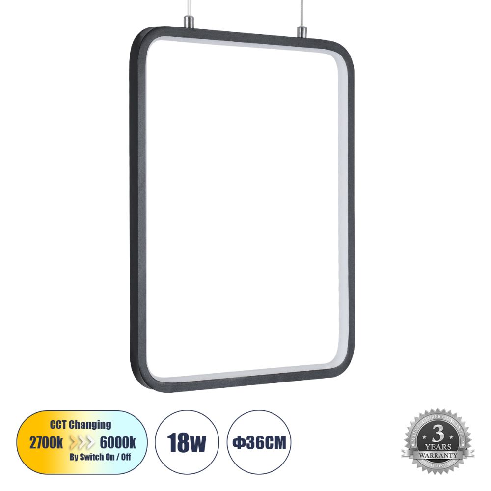 GLOBOSTAR® NEROBA 61302 Μοντέρνο Κρεμαστό Φωτιστικό Οροφής LED 18W 1980lm 360° AC 220-240V IP20 Ρυθμιζόμενο Λευκό CCT με On/Off 2700K/4500K/6000K - Lumileds SMD Chip - Μαύρο Ματ - Μ29 x Π2 x Υ36cm - 3 Χρόνια Εγγύηση