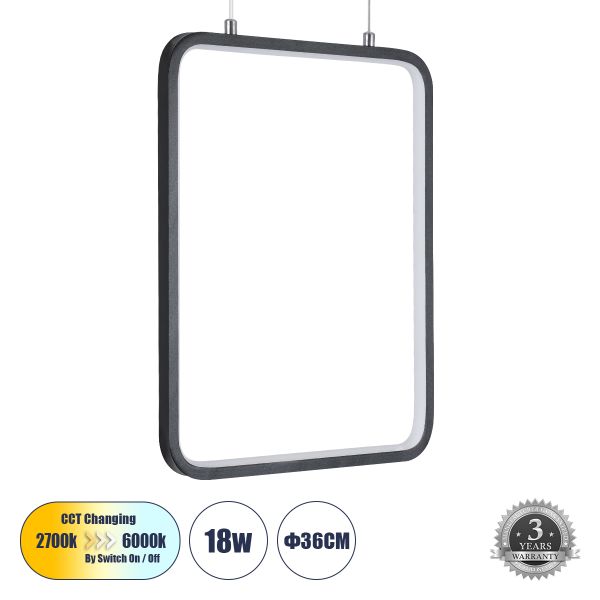GLOBOSTAR® NEROBA 61302 Μοντέρνο Κρεμαστό Φωτιστικό Οροφής LED 18W 1980lm 360° AC 220-240V IP20 Ρυθμιζόμενο Λευκό CCT με On/Off 2700K/4500K/6000K - Lumileds SMD Chip - Μαύρο - Μ29 x Π2 x Υ36cm - 3 Χρόνια Εγγύηση