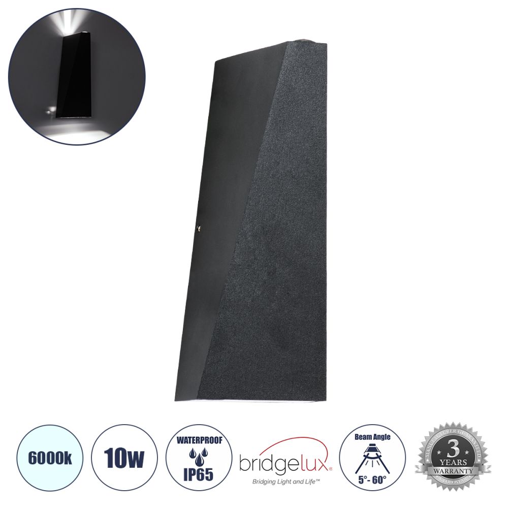 GLOBOSTAR® TRIANDE 60559 Μοντέρνο Φωτιστικό Τοίχου - Απλίκα LED 10W 1250lm 5°/60° AC 220-240V Αδιάβροχο IP65 Ψυχρό Λευκό 6000K - Bridgelux COB Chip & TÜV SÜD Driver - Μαύρο Ματ - Μ8.5 x Π8.5 x Υ20cm - 5 Χρόνια Εγγύηση