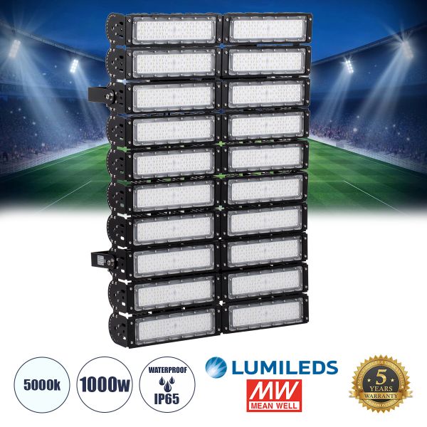 GLOBOSTAR® GOLIATH 90105 Προβολέας για Γήπεδα Tennis & Ποδοσφαίρου 5x5 LED 1000W 150000lm 75°x135° SDCM<5 Fish Eye Lens AC 220-240V Αδιάβροχο IP65 IK08 Φυσικό Λευκό 5000K - Lumileds SMD Chip & Mean Well Driver - Μαύρο Ματ - Μ62 x Π22 x Υ90cm - 