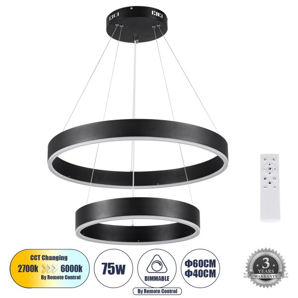 GLOBOSTAR® VENOM DUO 61185 Μοντέρνο Κρεμαστό Φωτιστικό Οροφής LED 75W 8818lm 120° AC 220-240V IP20 Ρυθμιζόμενο Λευκό CCT με Χειριστήριο από 2700K έως 6000K Dimmable - Lumileds SMD Chip - Μαύρο Ματ - Μ60 x Π60 x Υ40cm - 3 Χρόνια Εγγύηση