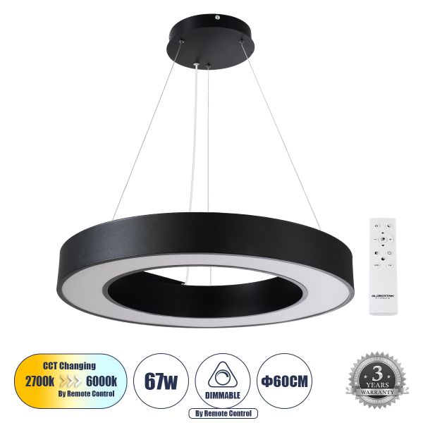 GLOBOSTAR® RA 61194 Μοντέρνο Κρεμαστό Φωτιστικό Οροφής LED 67W 7370lm 120° AC 220-240V IP20 Ρυθμιζόμενο Λευκό CCT με Χειριστήριο από 2700K έως 6000K Dimmable - Lumileds SMD Chip - Μαύρο - Μ60 x Π80 x Υ8cm - 3 Χρόνια Εγγύηση
