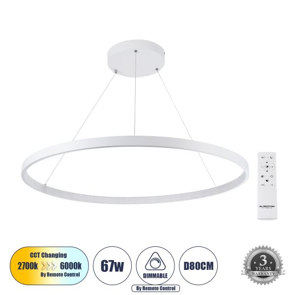 GLOBOSTAR® DIAMOND 61521 Μοντέρνο Κρεμαστό Φωτιστικό Οροφής LED 67W 7504lm 360° AC 220-240V IP20 Ρυθμιζόμενο Λευκό CCT με Χειριστήριο από 2700K έως 6000K Dimmable - Lumileds SMD Chip - Λευκό - Μ80 x Π80 x Υ110cm - 3 Χρόνια Εγγύηση