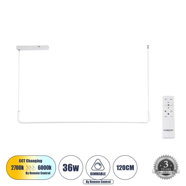 GLOBOSTAR® LINARIA 60922 Μοντέρνο Κρεμαστό Φωτιστικό Οροφής LED 36W 4150lm 200° AC 220-240V IP20 Ρυθμιζόμενο Λευκό CCT με Χειριστήριο από 2700K έως 6000K Dimmable - Lumileds SMD Chip - Λευκό - Μ120 x Π2 x Υ10cm - 3 Χρόνια Εγγύηση