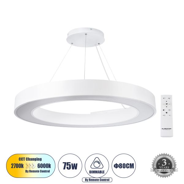 GLOBOSTAR® RA 61197 Μοντέρνο Κρεμαστό Φωτιστικό Οροφής LED 75W 8250lm 120° AC 220-240V IP20 Ρυθμιζόμενο Λευκό CCT με Χειριστήριο από 2700K έως 6000K Dimmable - Lumileds SMD Chip - Λευκό - Μ80 x Π80 x Υ8cm - 3 Χρόνια Εγγύηση