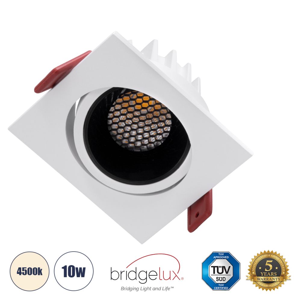 GLOBOSTAR® LEO-SQ 60288 Χωνευτό Κινούμενο Downlight Σποτ με Honeycomb Anti Glare Reflector LED 10W 1300lm 38° AC 220-240V IP20 Φυσικό Λευκό 4500K - Bridgelux COB Chip & TÜV SÜD Driver - Λευκό & Μαύρο Ματ - Μ8.5 x Π8.5 x Υ6.6cm / Q7.5 x 7.5cm - 5 Χ