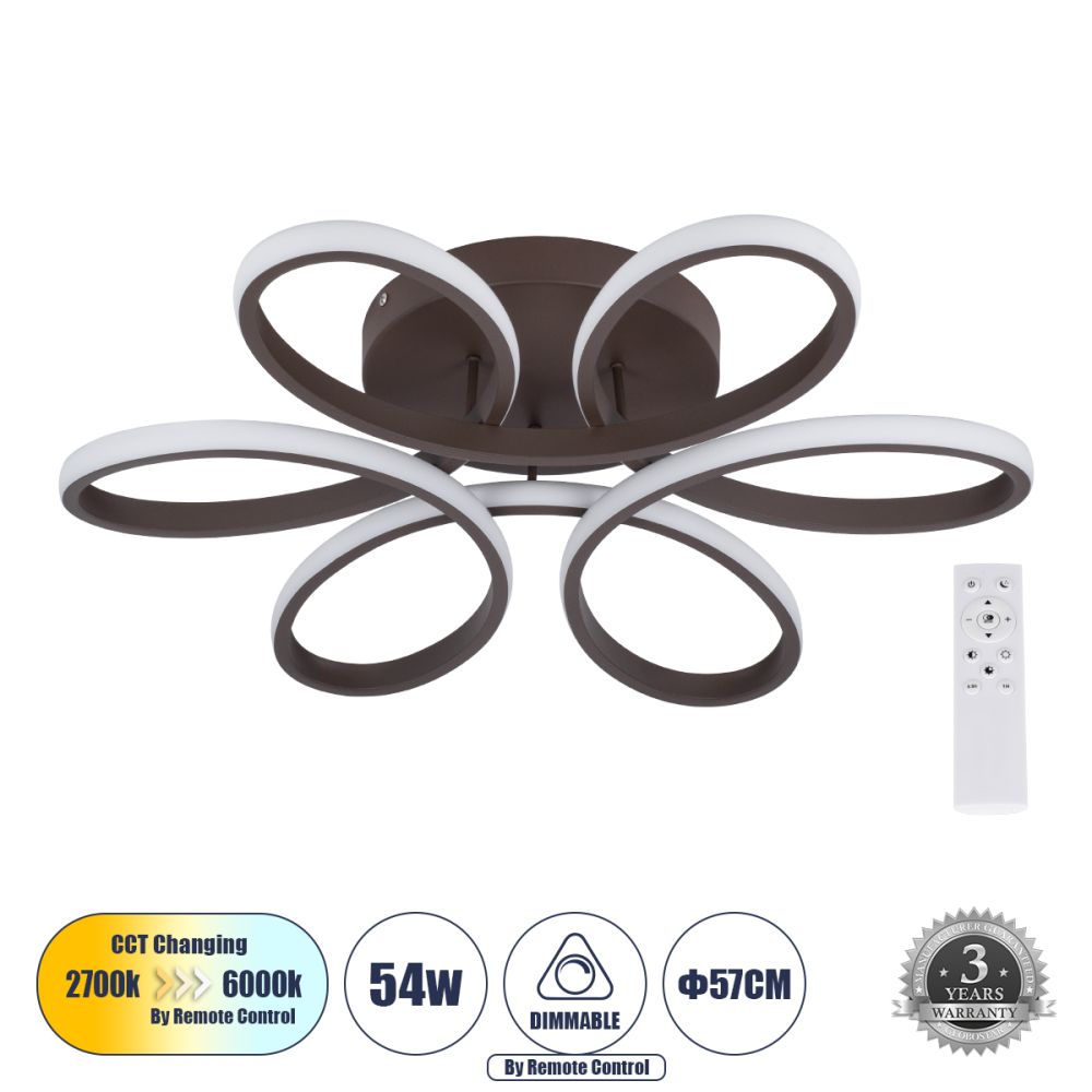 GLOBOSTAR® MARGARET 61402 Μοντέρνο Φωτιστικό Οροφής LED 54W 6210lm 360° AC 220-240V IP20 Ρυθμιζόμενο Λευκό CCT με Χειριστήριο από 2700K έως 6000K Dimmable - Lumileds SMD Chip - Καφέ Ματ - Μ57 x Π57 x Υ12cm - 3 Χρόνια Εγγύηση