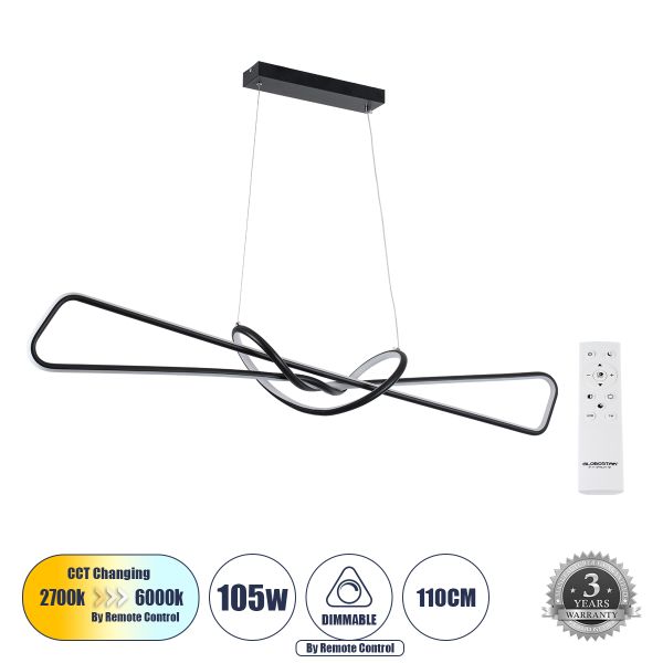 GLOBOSTAR® DOLORES 61279 Μοντέρνο Κρεμαστό Φωτιστικό Οροφής LED 105W 11760lm 300° AC 220-240V IP20 Ρυθμιζόμενο Λευκό CCT με Χειριστήριο από 2700K έως 6000K Dimmable - Lumileds SMD Chip - Μαύρο - Μ110 x Π17 x Υ17.5cm - 3 Χρόνια Εγγύηση