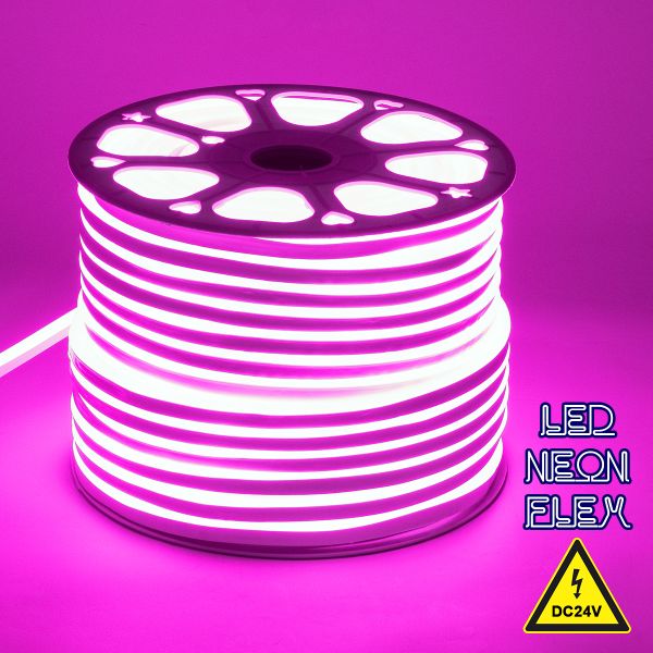 GloboStar® 70567 OVALE 120° Degree Neon Flex Epistar LED SMD 2835 1m 12W/m 120LED/m 840lm/m 120° DC 24V Αδιάβροχη IP68 Ροζ Dimmable