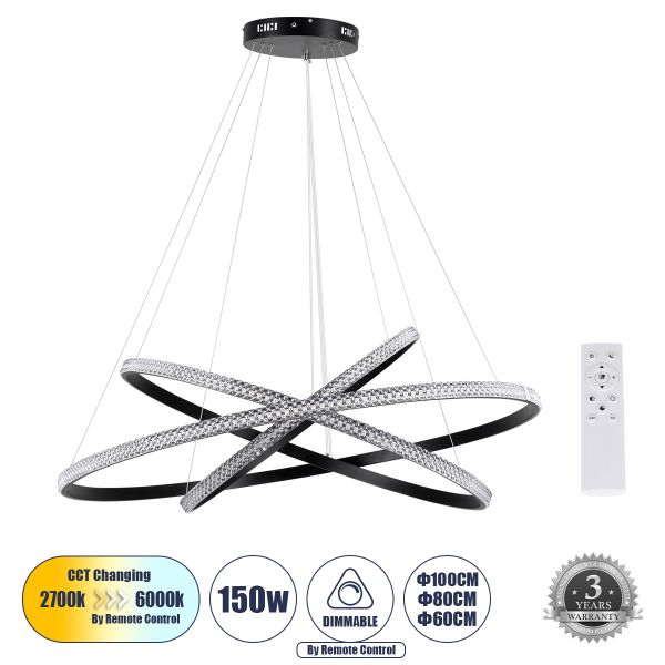 GLOBOSTAR® DIAMOND TRIO 61140-DECO Μοντέρνο Κρεμαστό Φωτιστικό Οροφής LED 150W 18379lm 360° AC 220-240V IP20 Ρυθμιζόμενο Λευκό CCT με Χειριστήριο από 2700K έως 6000K Dimmable - Lumileds SMD Chip - Μαύρο - Μ60 x Π80 x Υ100cm - 3 Χρόνια Εγγύηση