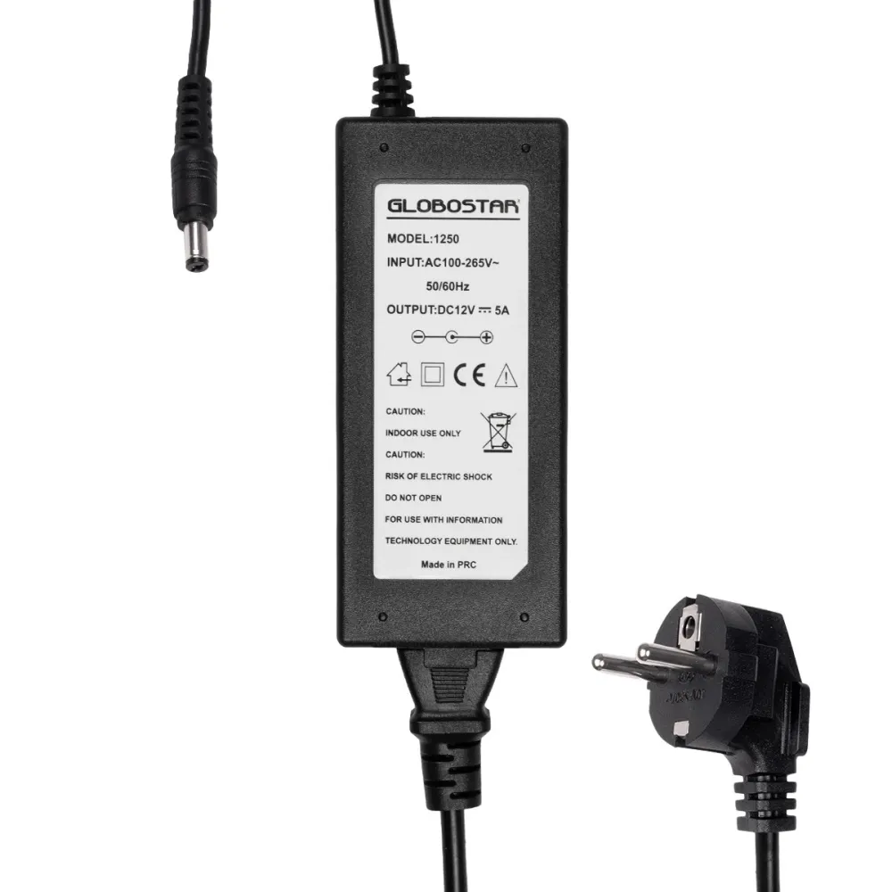 GLOBOSTAR® VOLTIX GLB-107-0003 Τροφοδοτικό/Μετασχηματιστής Class II SELV 60W 5A AC 220-240V σε DC 12V IP20 - Μαύρο Ματ - Μ11.5 x Π5 x Υ3.2cm - 3 Χρόνια Εγγύηση