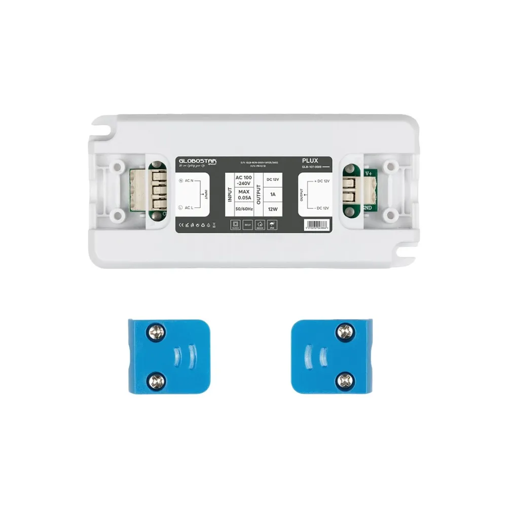 GLOBOSTAR® PLUX GLB-107-0009 Τροφοδοτικό/Μετασχηματιστής Class II SELV 12W 1A AC 220-240V σε DC 12V IP20 - Λευκό Ματ - Μ9.9 x Π4.6 x Υ1.1cm - 3 Χρόνια Εγγύηση