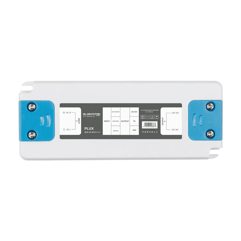 GLOBOSTAR® PLUX GLB-107-0010 Τροφοδοτικό/Μετασχηματιστής Class II SELV 36W 3A AC 220-240V σε DC 12V IP20 - Λευκό Ματ - Μ12.8 x Π5 x Υ1.5cm - 3 Χρόνια Εγγύηση