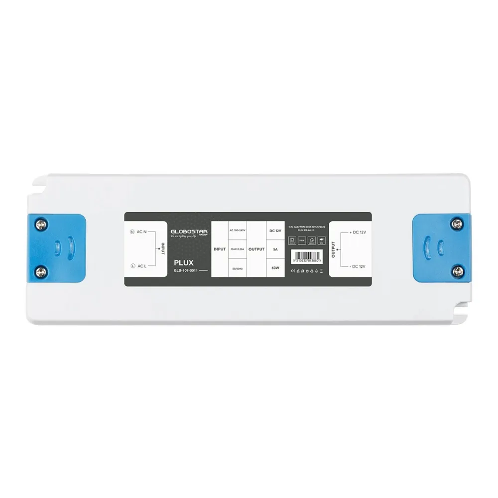 GLOBOSTAR® PLUX GLB-107-0011 Τροφοδοτικό/Μετασχηματιστής Class II SELV 60W 5A AC 220-240V σε DC 12V IP20 - Λευκό Ματ - Μ18.5 x Π6.4 x Υ2.2cm - 3 Χρόνια Εγγύηση