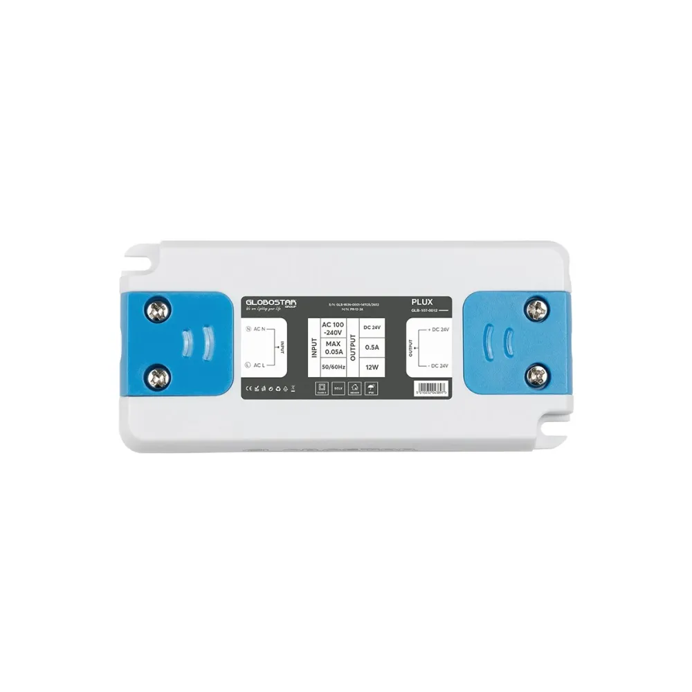 GLOBOSTAR® PLUX GLB-107-0012 Τροφοδοτικό/Μετασχηματιστής Class II SELV 12W 0.5A AC 220-240V σε DC 24V IP20 - Λευκό Ματ - Μ9.9 x Π4.6 x Υ1.1cm - 3 Χρόνια Εγγύηση