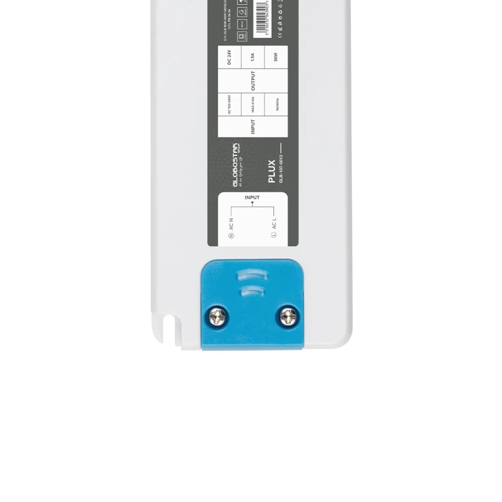 GLOBOSTAR® PLUX GLB-107-0013 Τροφοδοτικό/Μετασχηματιστής Class II SELV 36W 1.5A AC 220-240V σε DC 24V IP20 - Λευκό Ματ - Μ12.8 x Π5 x Υ1.5cm - 3 Χρόνια Εγγύηση