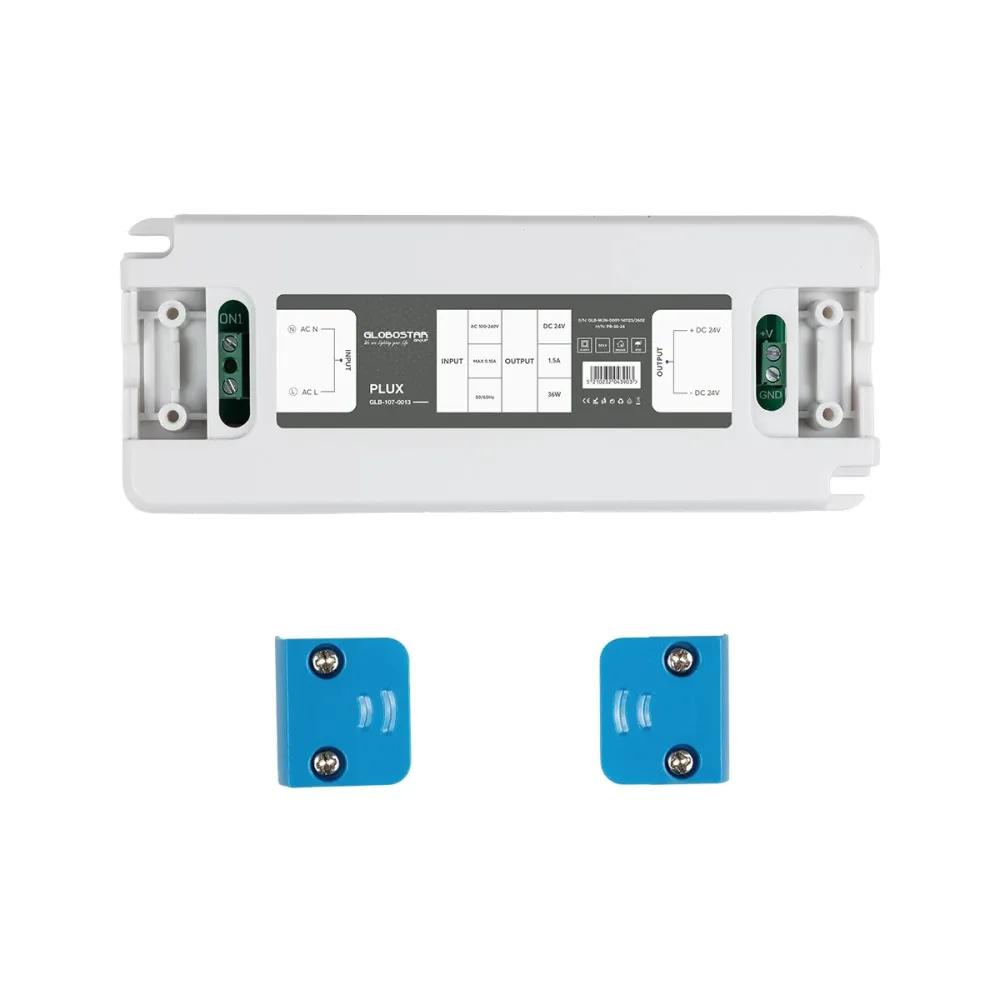 GLOBOSTAR® PLUX GLB-107-0013 Τροφοδοτικό/Μετασχηματιστής Class II SELV 36W 1.5A AC 220-240V σε DC 24V IP20 - Λευκό Ματ - Μ12.8 x Π5 x Υ1.5cm - 3 Χρόνια Εγγύηση