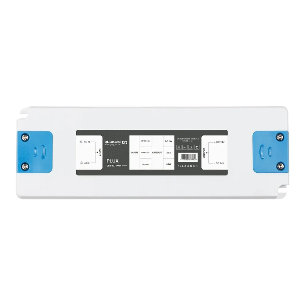GLOBOSTAR® PLUX GLB-107-0014 Τροφοδοτικό/Μετασχηματιστής Class II SELV 60W 2.5A AC 220-240V σε DC 24V IP20 - Λευκό Ματ - Μ18.5 x Π6.4 x Υ2.2cm - 3 Χρόνια Εγγύηση