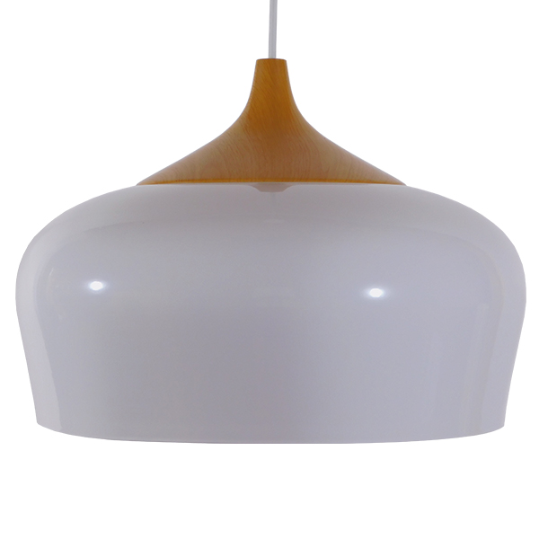 GloboStar® VILI 01260 Μοντέρνο Κρεμαστό Φωτιστικό Καμπάνα Μονόφωτο 1 x E27 IP20 Λευκό Μέταλλο με Μπεζ Ξύλο - Μ35 x Π35 x Υ27cm