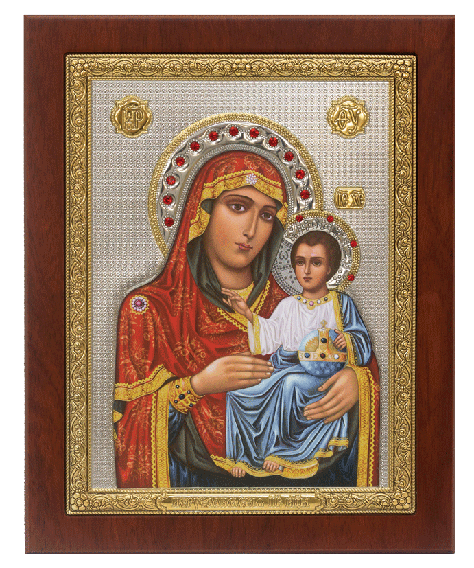Παναγία Ιεροσολυμιτισσα, ορθ., ανοιχτό πρόσωπο και μανδύας, πέτρες 19,4 X 24,2 εκ, σε ξύλινη βάση.