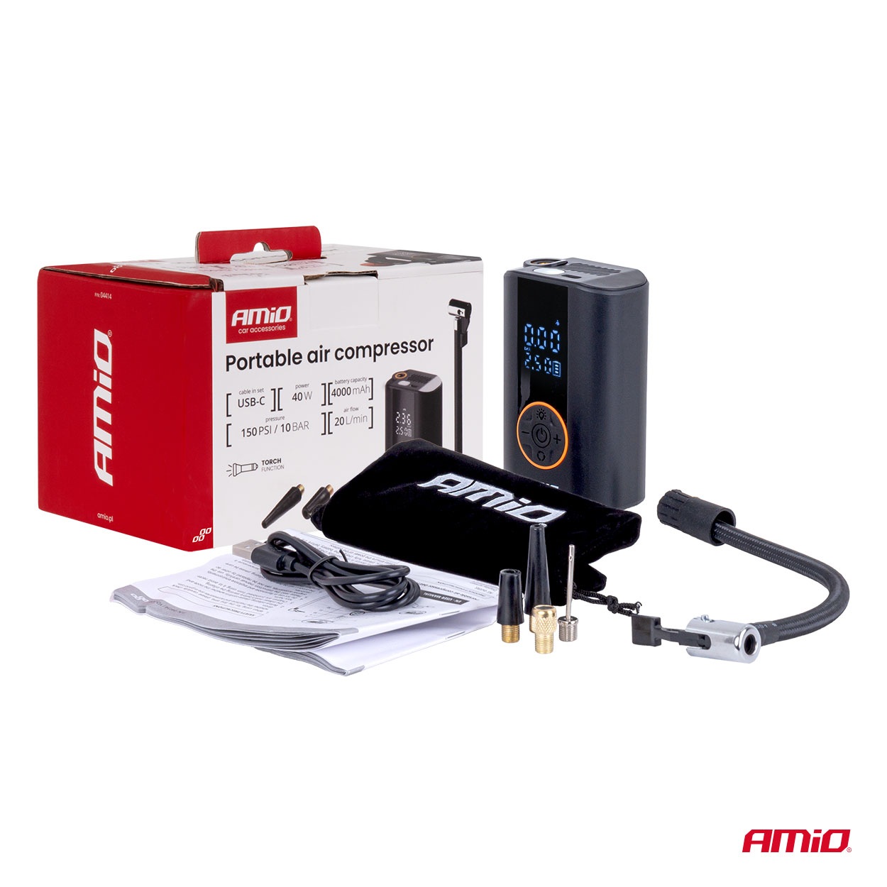 Amio - Φορητός Αεροσυμπιεστής Μπαταρίας ACOMP-25 40W έως 10 bar με Οθόνη LED & Φακό – USB-C - 1 Τεμ. (04414/AM)