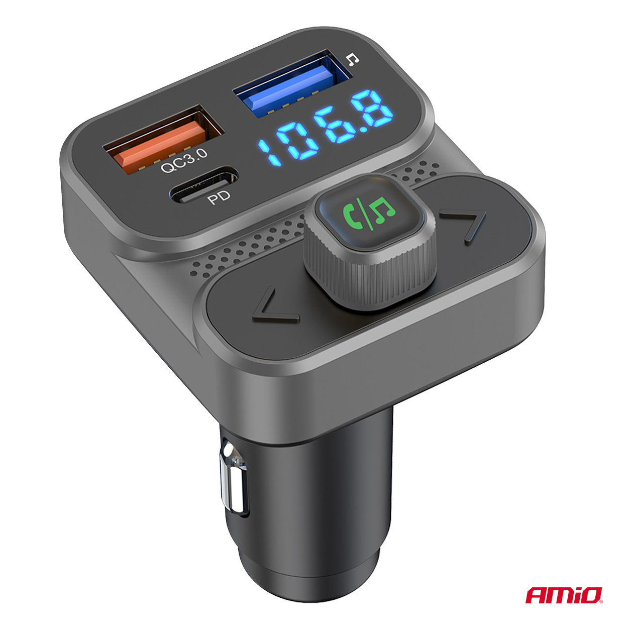 Amio - FM Transmitter Αναπτήρα τύπου FMT02 τάση λειτουργίας 12-24V με 2xUSB Type-A και 1xUSB Type-C για Επιβατικά Αυτοκίνητα και Φορτηγά - 1 τεμ. (04649/AM)