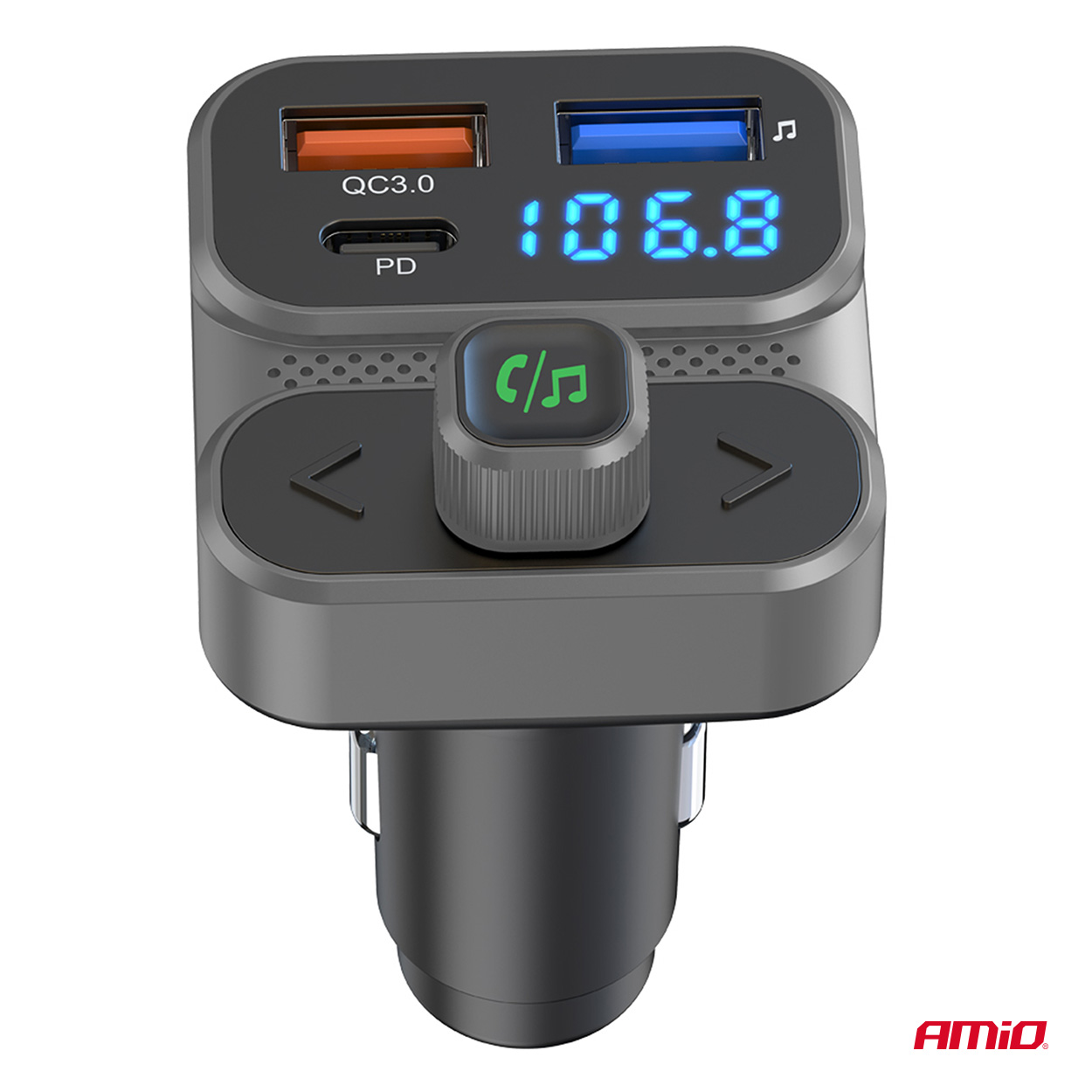 Amio - FM Transmitter Αναπτήρα τύπου FMT02 τάση λειτουργίας 12-24V με 2xUSB Type-A και 1xUSB Type-C για Επιβατικά Αυτοκίνητα και Φορτηγά - 1 τεμ. (04649/AM)