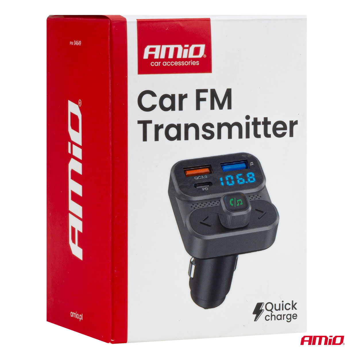 Amio - FM Transmitter Αναπτήρα τύπου FMT02 τάση λειτουργίας 12-24V με 2xUSB Type-A και 1xUSB Type-C για Επιβατικά Αυτοκίνητα και Φορτηγά - 1 τεμ. (04649/AM)