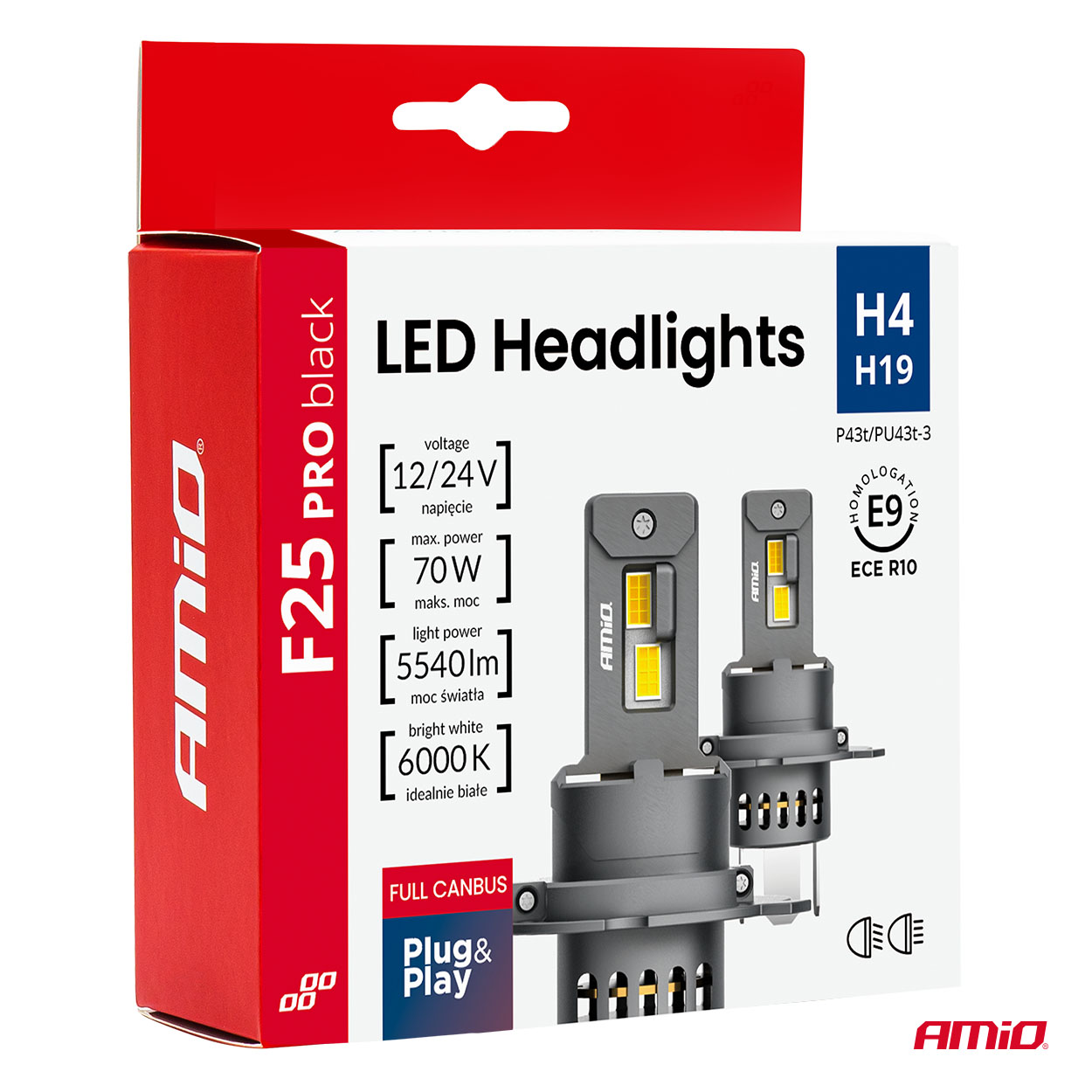 Amio - Λαμπτήρες LED F25 PRO Black Edition H4/H19 70W 12-24V Full CAN Bus με Φωτεινότητα 8000lm σε Ψυχρό Λευκό 6000K για Επιβατικά Αυτοκίνητα & Φορτηγά - Σετ 2 τεμ. (04719/AM)