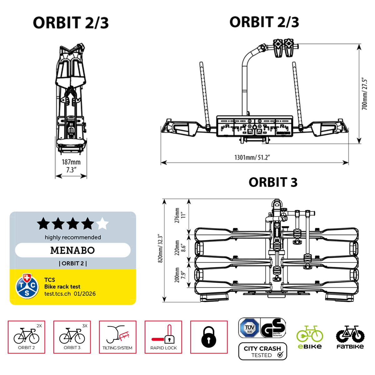 Menabo - Βάση Ποδηλάτου Κοτσαδόρου Orbit 3 για 3 ποδήλατα ή E-bike / Fat Bike Αναδιπλούμενη με Ανάκλιση / Μοχλό Γρήγορης Ασφάλισης / Αντάπτορα 13 pin - 1 τεμ. (14760/MB)